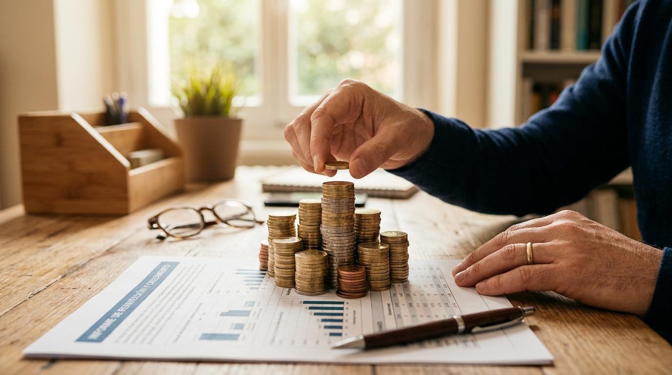 Manos colocando cuidadosamente monedas sobre una pila cada vez más grande junto a un documento financiero, representando la reinversión de ganancias c