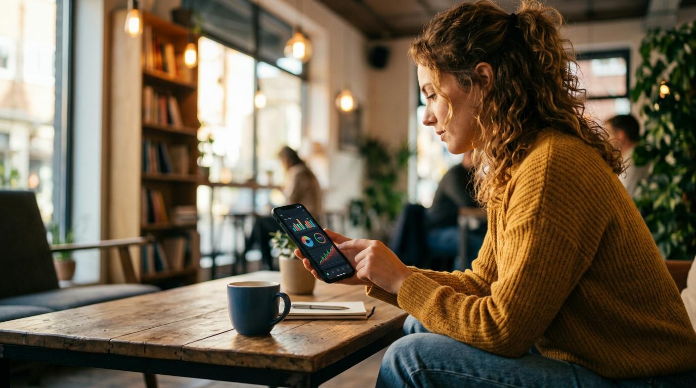 Persona revisando el rendimiento diario de su cuenta digital en el celular mientras toma un café