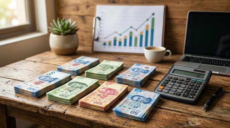 Persona revisando proyecciones de rendimiento en su celular con una calculadora sobre la mesa