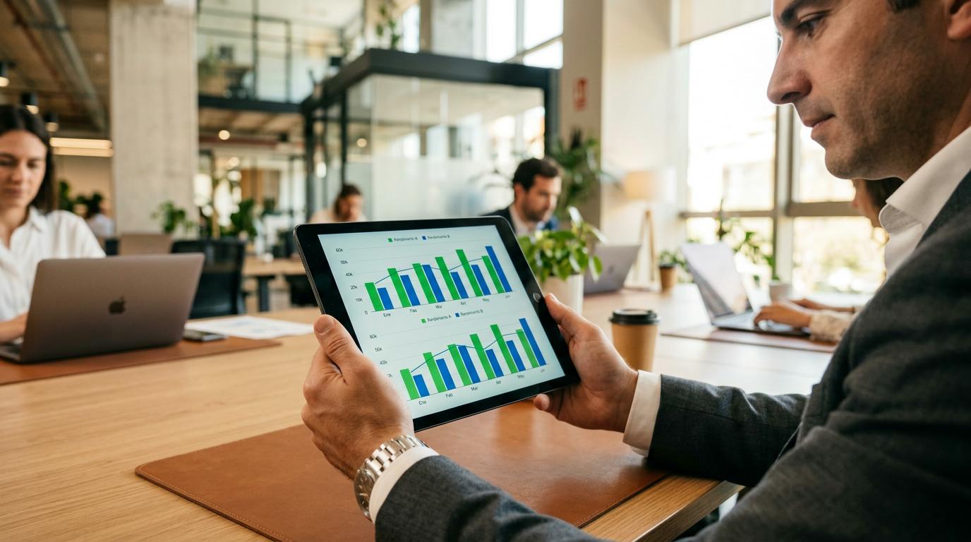 Persona revisando comparativa de rendimiento neto vs bruto en una tablet con datos de inversión