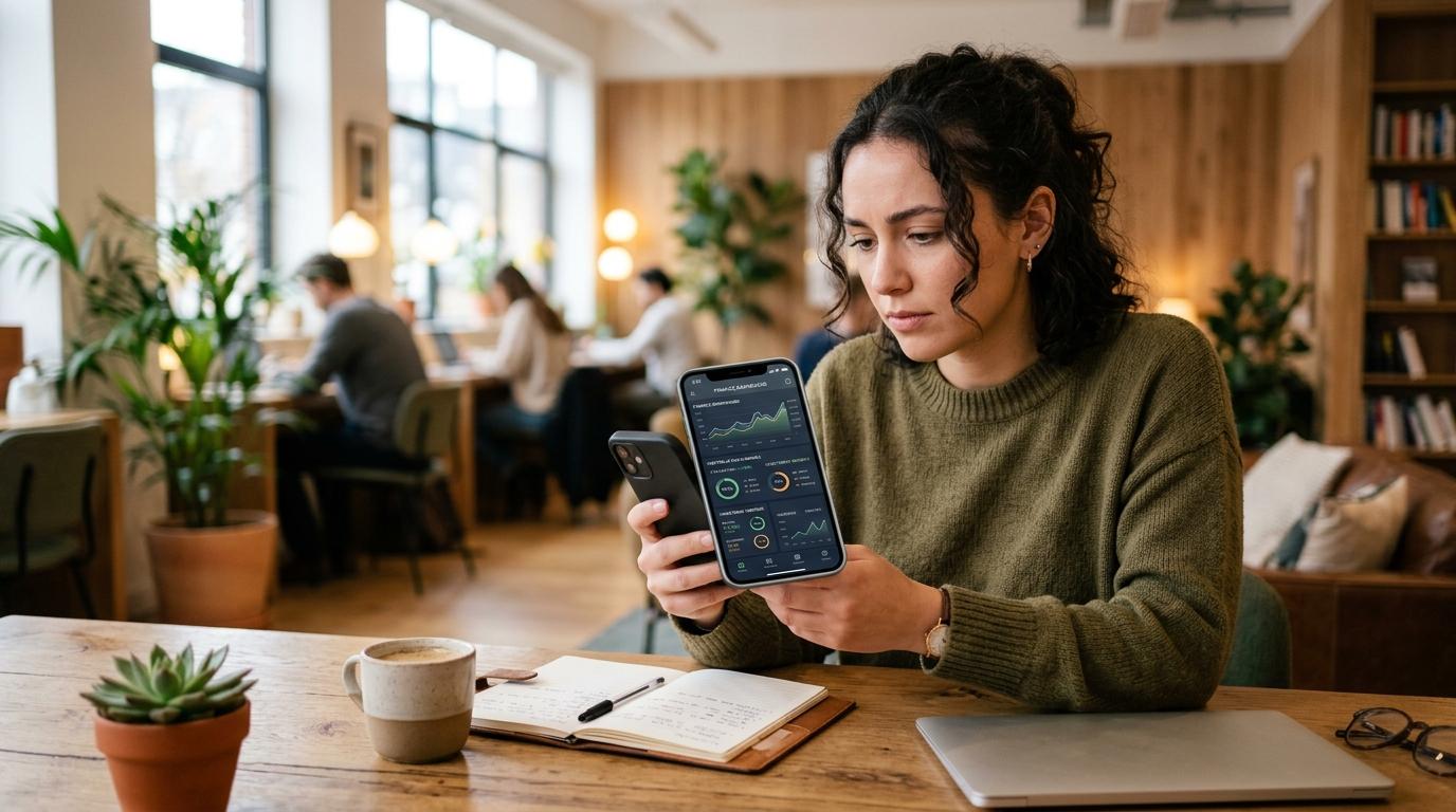Adulto joven revisando información financiera en su teléfono móvil en un espacio de trabajo contemporáneo, con expresión pensativa y entorno minimalis