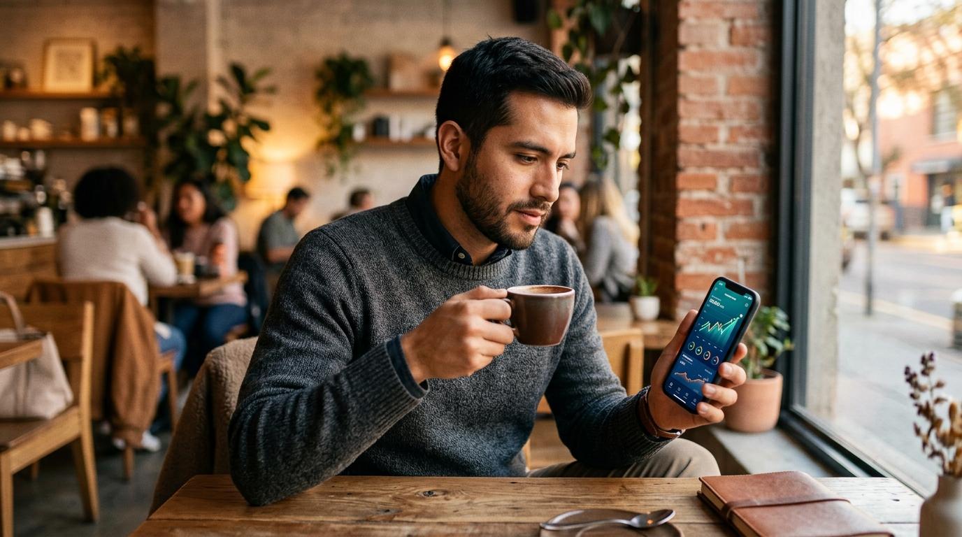 Un joven profesional mexicano revisando el crecimiento de sus inversiones en su teléfono celular mientras toma una bebida caliente, sentado en un café