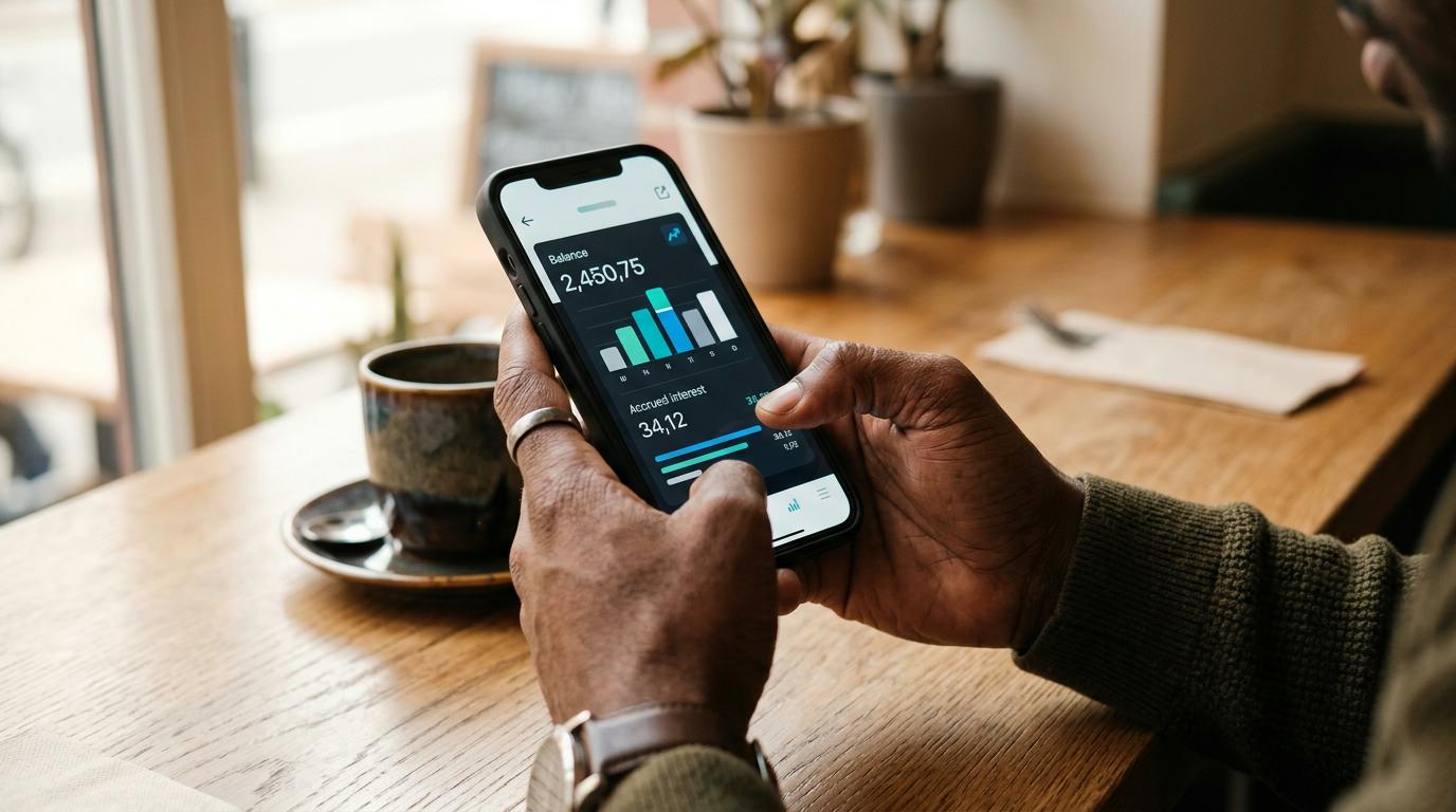 Manos sosteniendo un teléfono móvil mostrando una interfaz de cuenta digital con saldo e intereses acumulados, fondo de café matutino con luz natural