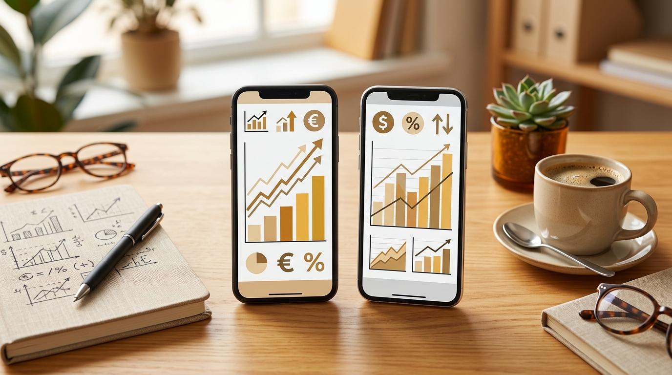 Comparación visual de tasas financieras en dos teléfonos móviles sobre un escritorio ordenado, con libreta de cálculos y café al lado, tonos ámbar y b